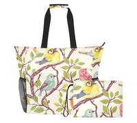 Sevdomey Bird Branches Beach Tote Bag Large 36L with Wet Dry Compartment, Waterproof Travel Gym Pool Swim Sandproof Carryall