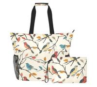 Sevdomey Bird Branches Beach Tote Bag Large 36L with Wet Dry Compartment, Waterproof Travel Gym Pool Swim Sandproof Carryall