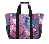Sevdomey Blue Butterfly Pink Flowers Large Beach Bag Waterproof Canvas Tote with Pockets for Women Travel Gym Pool