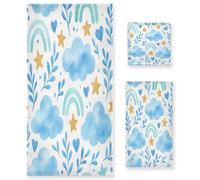 Sevdomey Blue Clouds Soft Absorbent 3-Piece Bathroom Towel Set - Premium Cotton Washcloth, Hand Towel & Bath Towel for Gym, Beach, Pool, Hotel, Decorative Quick-Dry Gift