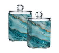 Sevdomey Blue Liquid Marble Qtip Holder with Lid Set of 4, Clear Plastic Apothecary Jars Bathroom Storage Containers for Cotton Ball, Cotton Swab, Cotton Round Pads, Floss