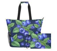 Sevdomey Blueberries and Leaves Beach Tote Bag Large 36L with Wet Dry Compartment, Waterproof Travel Gym Pool Swim Sandproof Carryall