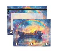 Sevdomey Broken Fishing Boat Pencil Pouch 3 Ring with Clear Window, 2 Pack Zipper Binder Bag for Office