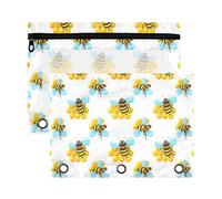 Sevdomey Cartoon Bees Pencil Pouch 3 Ring with Clear Window, 2 Pack Zipper Binder Bag for Office