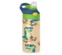 Sevdomey Cartoon Crocodile Kids Water Bottle with Straw for Girls Boys, Stainless Steel Insulated Leakproof Water Bottle 350ml for School Nursery Travel Sports