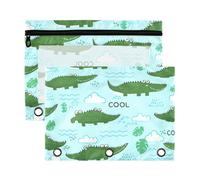 Sevdomey Cartoon Crocodiles Pencil Pouch 3 Ring with Clear Window, 2 Pack Zipper Binder Bag for Office