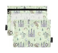 Sevdomey Cartoon Dragon Pattern Pencil Pouch 3 Ring with Clear Window, 2 Pack Zipper Binder Bag for Office