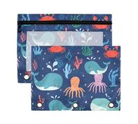 Sevdomey Cartoon Octopuses Pencil Pouch 3 Ring with Clear Window, 2 Pack Zipper Binder Bag for Office