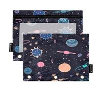 Sevdomey Cartoon Planet Pencil Pouch 3 Ring with Clear Window, 2 Pack Zipper Binder Bag for Office