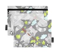 Sevdomey Cartoon Raccoons Pencil Pouch 3 Ring with Clear Window, 2 Pack Zipper Binder Bag for Office