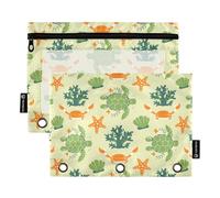Sevdomey Cartoon Sea Turtles Pencil Pouch 3 Ring with Clear Window, 2 Pack Zipper Binder Bag for Office