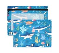 Sevdomey Cartoon Sharks Pencil Pouch 3 Ring with Clear Window, 2 Pack Zipper Binder Bag for Office