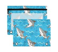 Sevdomey Cartoon Sharks Pencil Pouch 3 Ring with Clear Window, 2 Pack Zipper Binder Bag for Office