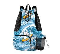 Sevdomey Cats Surfing Lightweight Drawstring Backpack Gym Sack with Wet Dry Bag Swim Beach Travel Sports