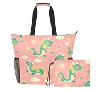 Sevdomey Chinese Dragon Pattern Beach Tote Bag Large 36L with Wet Dry Compartment, Waterproof Travel Gym Pool Swim Sandproof Carryall