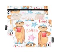 Sevdomey Coffee Sloths Pencil Pouch 3 Ring with Clear Window, 2 Pack Zipper Binder Bag for Office