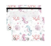Sevdomey Colored Seahorses Pencil Pouch 3 Ring with Clear Window, 2 Pack Zipper Binder Bag for Office