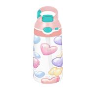 Sevdomey Colorful Candy Hearts Kids Water Bottle with Straw for Girls Boys, Stainless Steel Insulated Leakproof Water 480ml for School Nursery Travel Sports