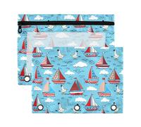 Sevdomey Colorful Sailing Boats Pencil Pouch 3 Ring with Clear Window, 2 Pack Zipper Binder Bag for Office