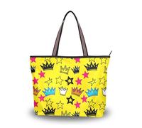 Sevdomey Crowns and Stars Tote Bag for Women with Zipper, Large Capacity Canvas Handbag for Work, Travel & Shopping