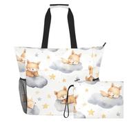 Sevdomey Cute Fox Beach Tote Bag Large 36L with Wet Dry Compartment, Waterproof Travel Gym Pool Swim Sandproof Carryall