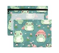 Sevdomey Cute Frogs Pencil Pouch 3 Ring with Clear Window, 2 Pack Zipper Binder Bag for Office