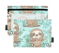 Sevdomey Cute Fun Sloths Pencil Pouch 3 Ring with Clear Window, 2 Pack Zipper Binder Bag for Office
