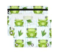 Sevdomey Cute Green Frogs Pencil Pouch 3 Ring with Clear Window, 2 Pack Zipper Binder Bag for Office