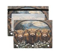 Sevdomey Cute Highland Cows Pencil Pouch 3 Ring with Clear Window, 2 Pack Zipper Binder Bag for Office