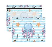 Sevdomey Cute Octopuses Pencil Pouch 3 Ring with Clear Window, 2 Pack Zipper Binder Bag for Office