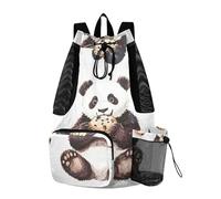 Sevdomey Cute Panda Lightweight Drawstring Backpack Gym Sack with Wet Dry Bag Swim Beach Travel Sports