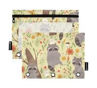 Sevdomey Cute Raccoons Pencil Pouch 3 Ring with Clear Window, 2 Pack Zipper Binder Bag for Office