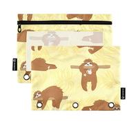 Sevdomey Cute Relaxing Sloths Pencil Pouch 3 Ring with Clear Window, 2 Pack Zipper Binder Bag for Office