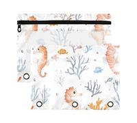 Sevdomey Cute Seahorses Pencil Pouch 3 Ring with Clear Window, 2 Pack Zipper Binder Bag for Office