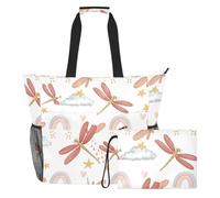 Sevdomey Dragonflies and Red Wings Beach Tote Bag Large 36L with Wet Dry Compartment, Waterproof Travel Gym Pool Swim Sandproof Carryall