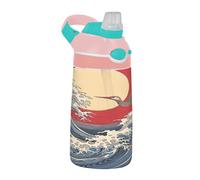 Sevdomey Great Wave Kids Water Bottle with Straw for Girls Boys, Stainless Steel Insulated Leakproof Water 480ml for School Nursery Travel Sports