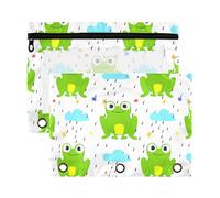 Sevdomey Green Frogs Pencil Pouch 3 Ring with Clear Window, 2 Pack Zipper Binder Bag for Office