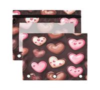 Sevdomey Heart Chocolate Candies Pencil Pouch 3 Ring with Clear Window, 2 Pack Zipper Binder Bag for Office