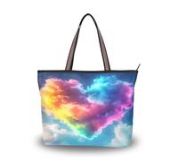 Sevdomey Heart Rainbow Cloud Tote Bag for Women with Zipper, Large Capacity Canvas Handbag for Work, Travel & Shopping