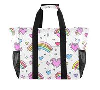 Sevdomey Hearts and Rainbows Large Beach Bag Waterproof Canvas Tote with Pockets for Women Travel Gym Pool