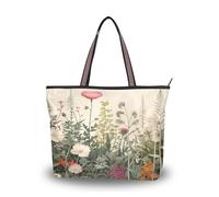 Sevdomey Herbal Wildflower Tote Bag for Women with Zipper, Large Capacity Canvas Handbag for Work, Travel & Shopping