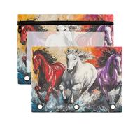 Sevdomey Horses Running Pencil Pouch 3 Ring with Clear Window, 2 Pack Zipper Binder Bag for Office
