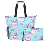 Sevdomey Kawaii Tea Pattern Beach Tote Bag Large 36L with Wet Dry Compartment, Waterproof Travel Gym Pool Swim Sandproof Carryall