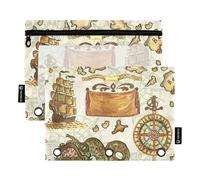 Sevdomey Map of Treasure Island Pencil Pouch 3 Ring with Clear Window, 2 Pack Zipper Binder Bag for Office