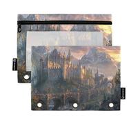 Sevdomey Medieval Fantasy Road Pencil Pouch 3 Ring with Clear Window, 2 Pack Zipper Binder Bag for Office