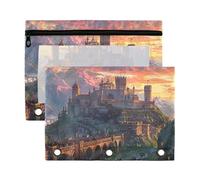 Sevdomey Medieval Fantasy Road Pencil Pouch 3 Ring with Clear Window, 2 Pack Zipper Binder Bag for Office
