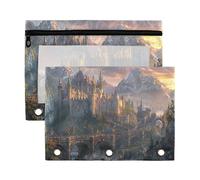 Sevdomey Medieval Fantasy Road Pencil Pouch 3 Ring with Clear Window, 2 Pack Zipper Binder Bag for Office