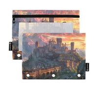Sevdomey Medieval Fantasy Road Pencil Pouch 3 Ring with Clear Window, 2 Pack Zipper Binder Bag for Office
