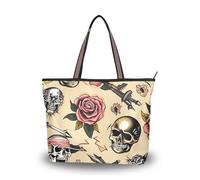 Sevdomey Old School Tattoo Tote Bag for Women with Zipper, Large Capacity Canvas Handbag for Work, Travel & Shopping