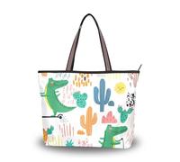Sevdomey Playful Crocodiles Tote Bag for Women with Zipper, Large Capacity Canvas Handbag for Work, Travel & Shopping